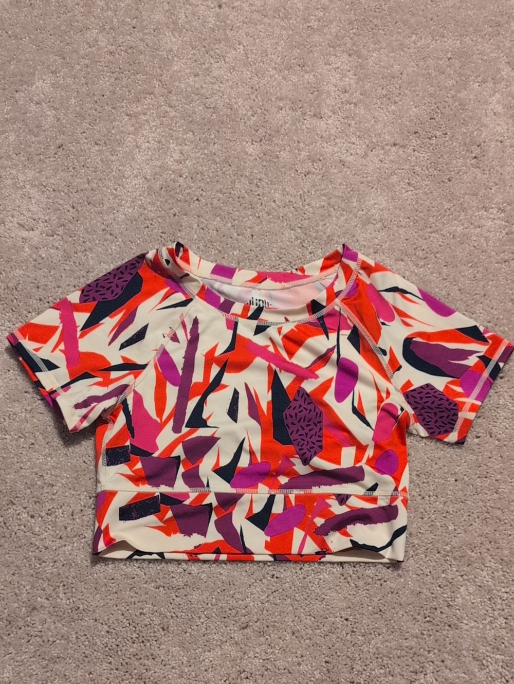 Abstract Geo-Print Cropped Tee in Pink, Purple & Orange